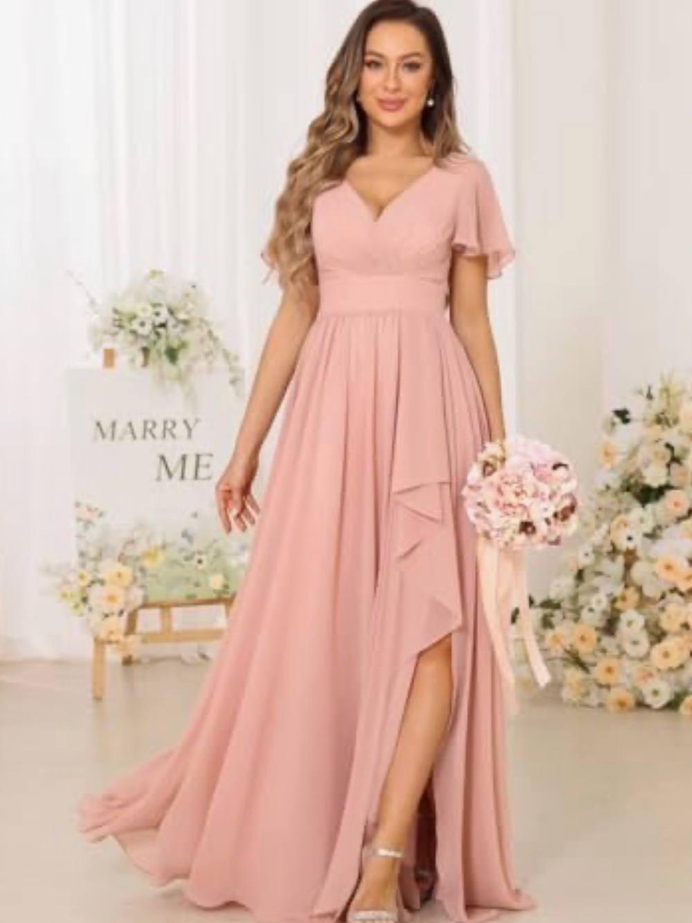 Elegant V-Neck Blush Pink Maxi Dress